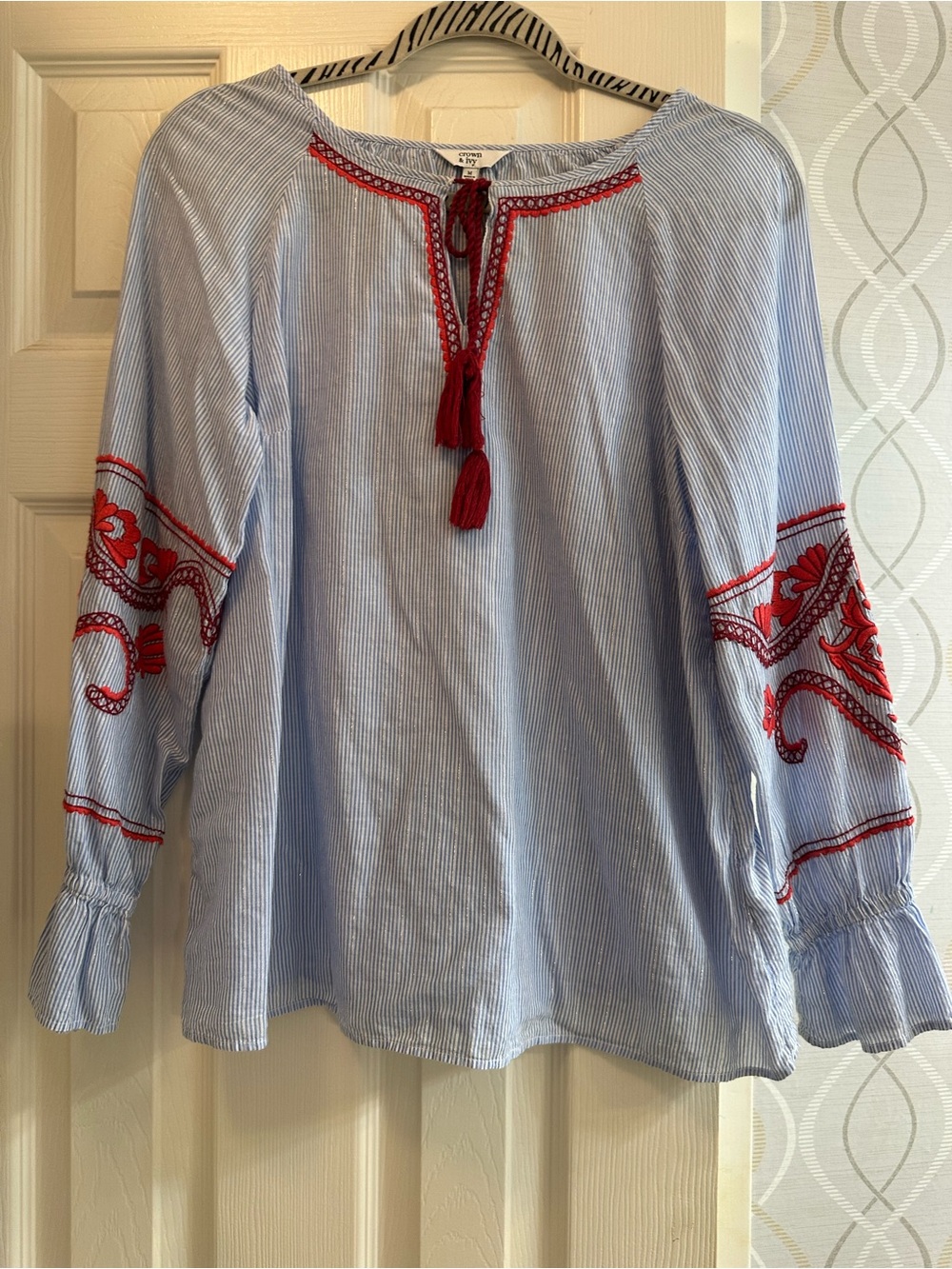 Light Blue Stripe Peasant Blouse with Red Embroidered Detail